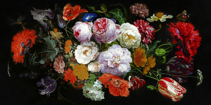 Stilleven met bloemen in een glazen vaas - Davidsz. en Mignon (liggend)