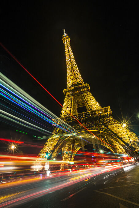 Car trails at the Eiffel Tower