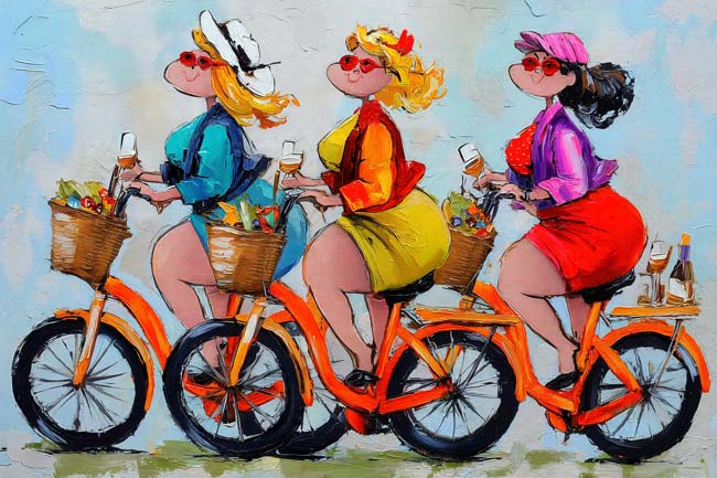 Dikke Dames met z'n drieën op de fiets