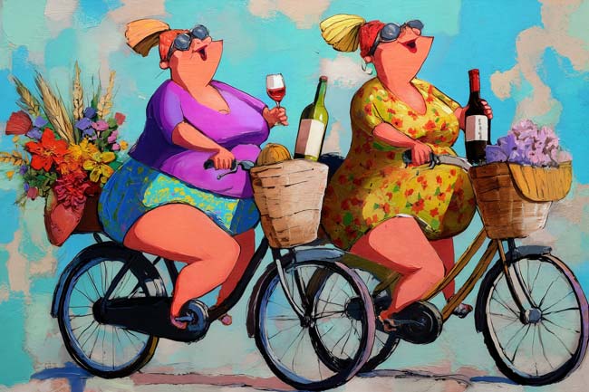 Dikke Dames drinken op de fiets