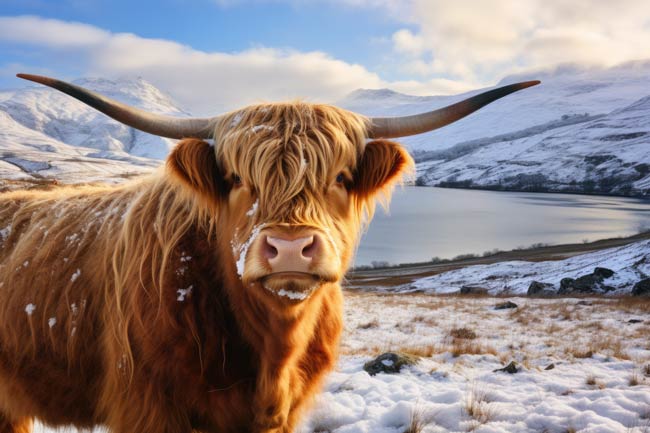 Schotse Hooglander in de sneeuw